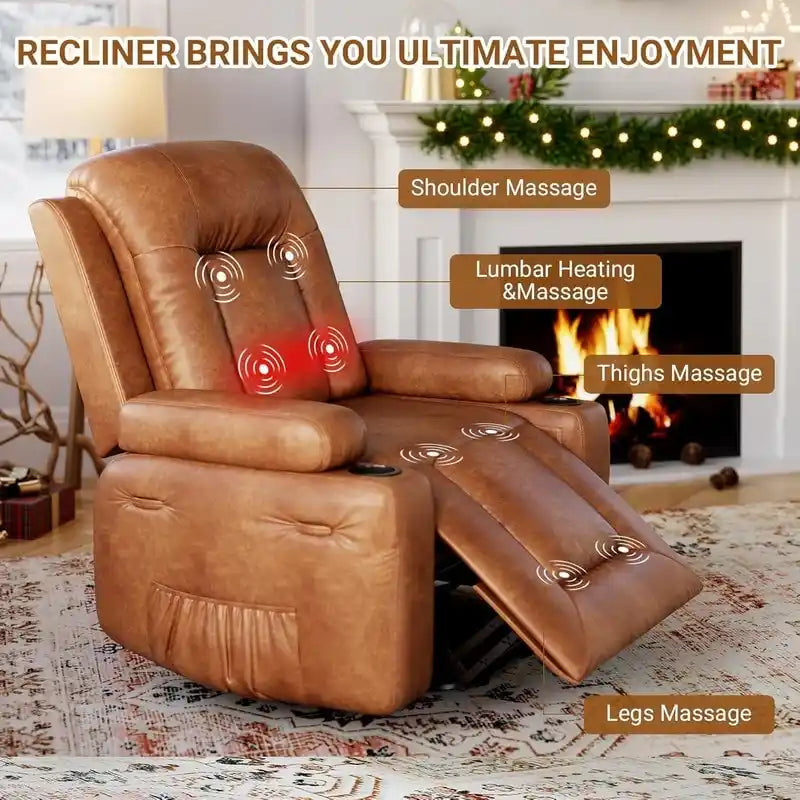 Upholstered Power Lift Recliner Chair with Massage Heat and Cupholders