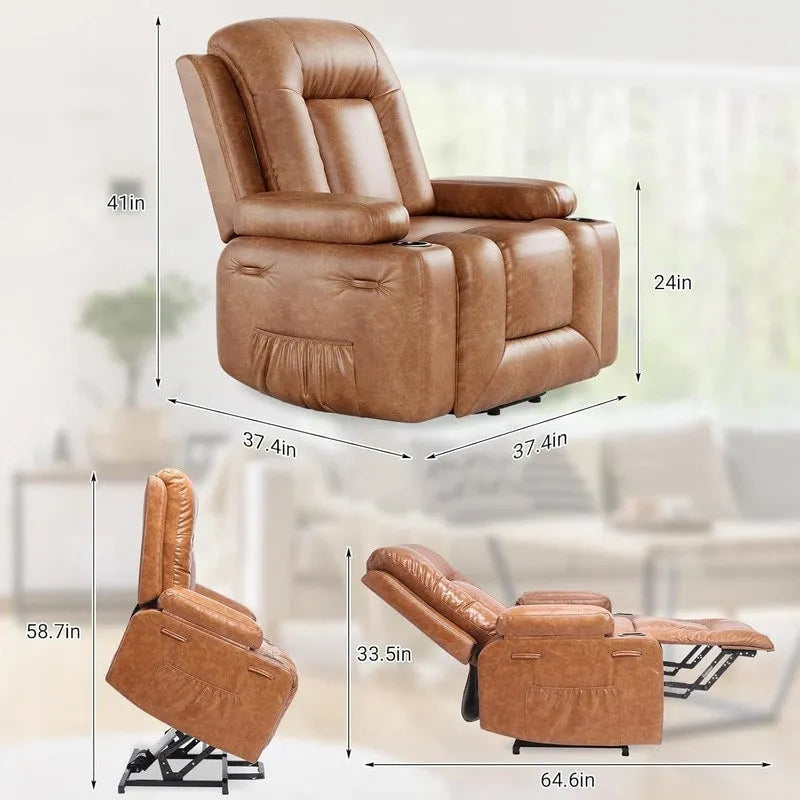 Upholstered Power Lift Recliner Chair with Massage Heat and Cupholders