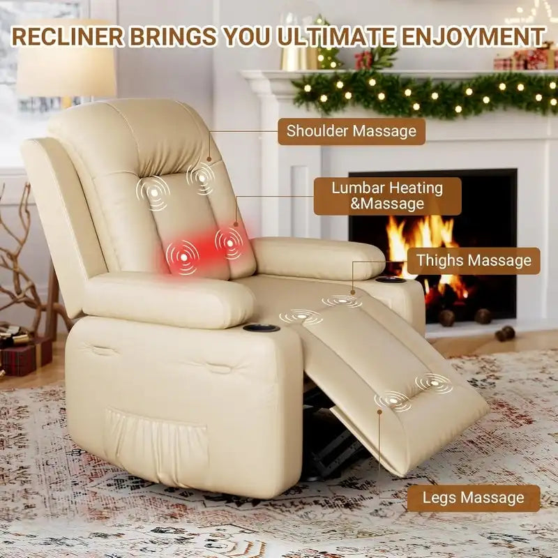 Upholstered Power Lift Recliner Chair with Massage Heat and Cupholders