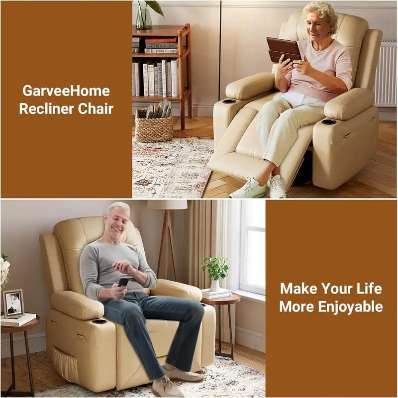 Upholstered Power Lift Recliner Chair with Massage Heat and Cupholders