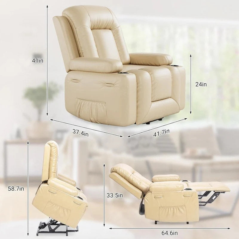 Upholstered Power Lift Recliner Chair with Massage Heat and Cupholders