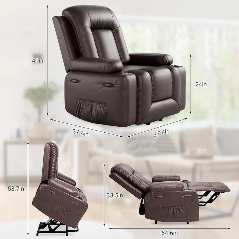 Upholstered Power Lift Recliner Chair with Massage Heat and Cupholders