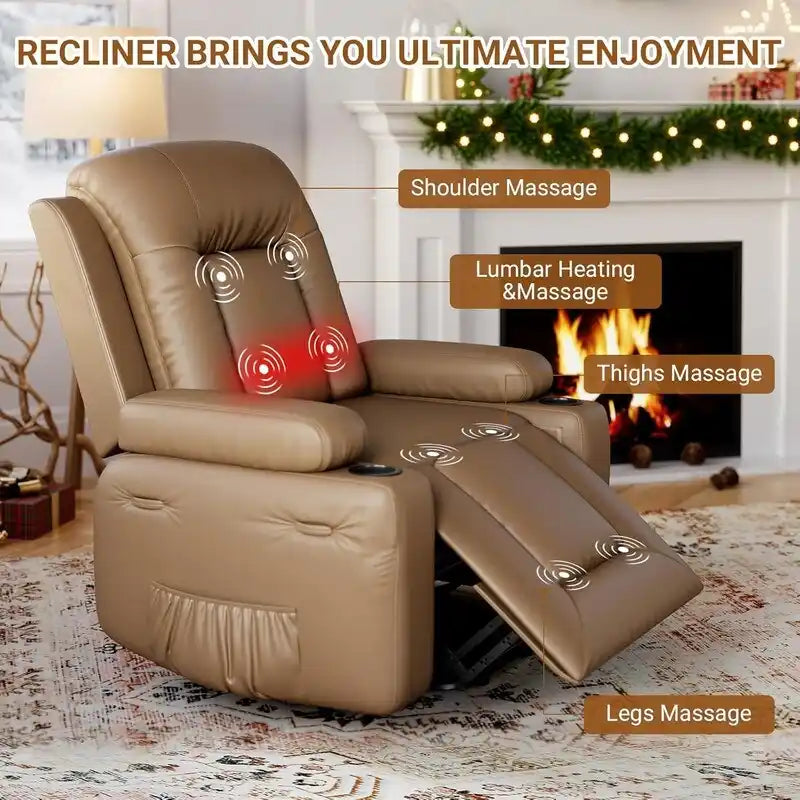 Upholstered Power Lift Recliner Chair with Massage Heat and Cupholders