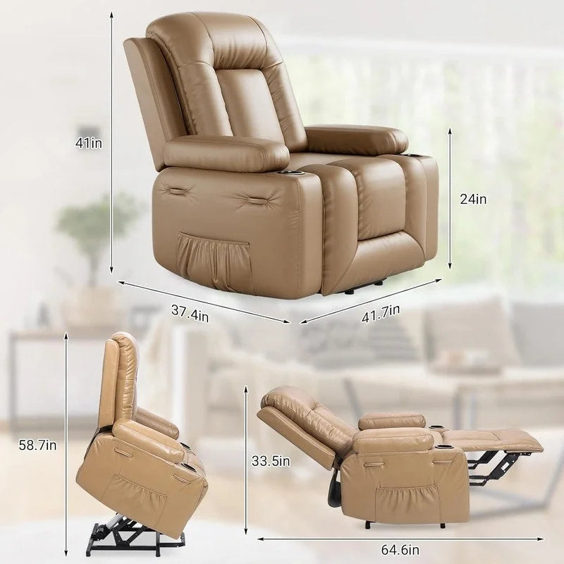 Upholstered Power Lift Recliner Chair with Massage Heat and Cupholders