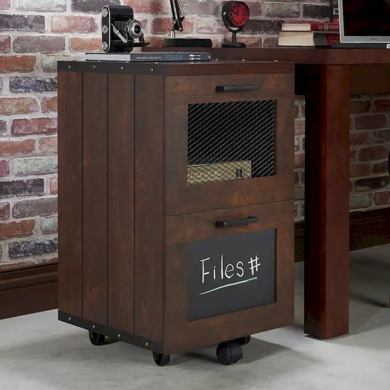 Rustic Walnut Two-Drawer Rolling File Cabinet with Mesh and Chalkboard