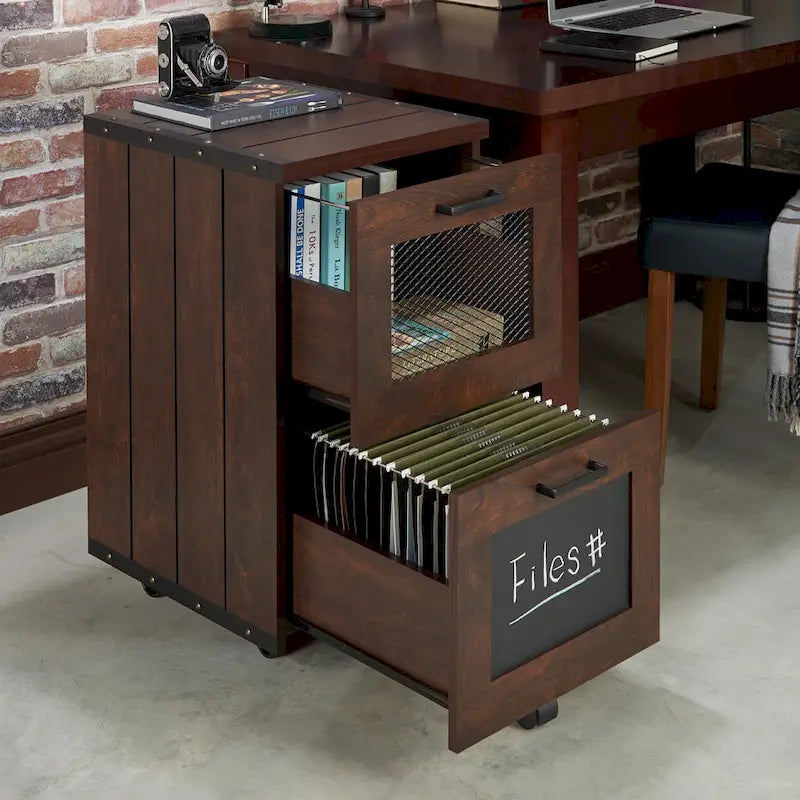 Rustic Walnut Two-Drawer Rolling File Cabinet with Mesh and Chalkboard