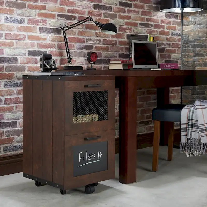 Rustic Walnut Two-Drawer Rolling File Cabinet with Mesh and Chalkboard