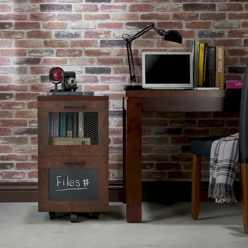 Rustic Walnut Two-Drawer Rolling File Cabinet with Mesh and Chalkboard