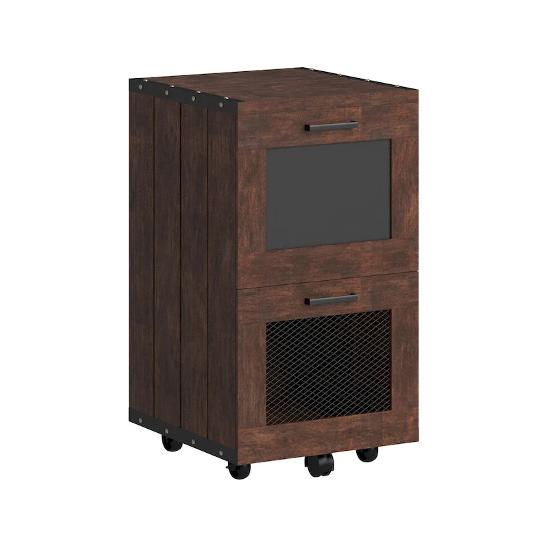 Rustic Walnut Two-Drawer Rolling File Cabinet with Mesh and Chalkboard
