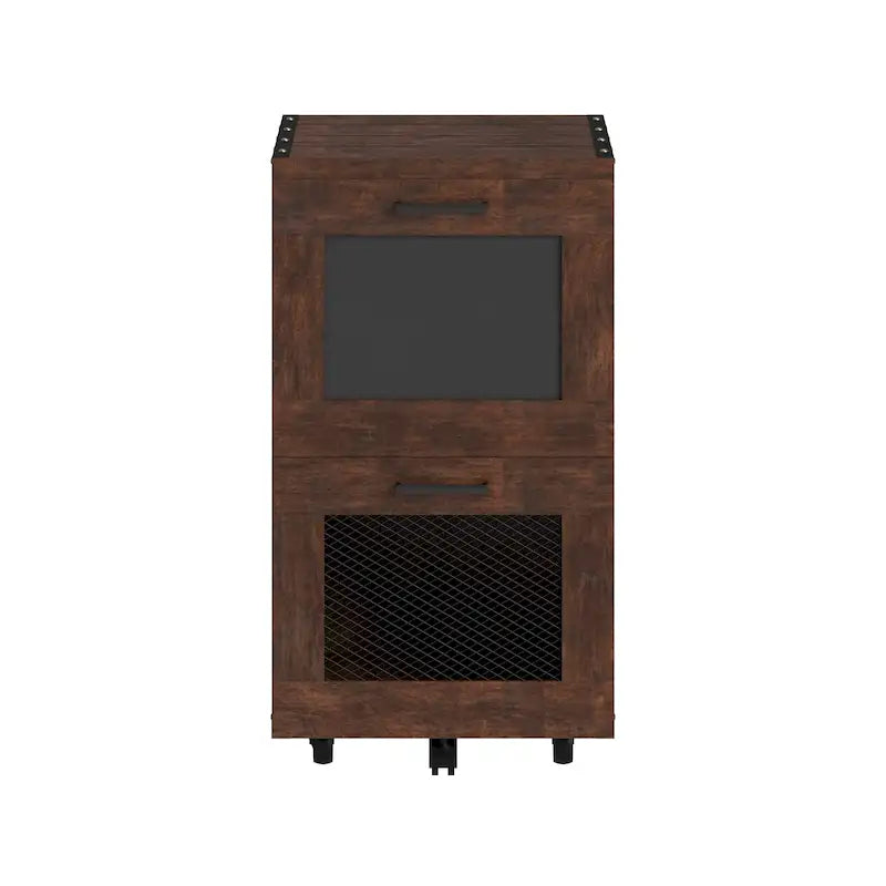Rustic Walnut Two-Drawer Rolling File Cabinet with Mesh and Chalkboard