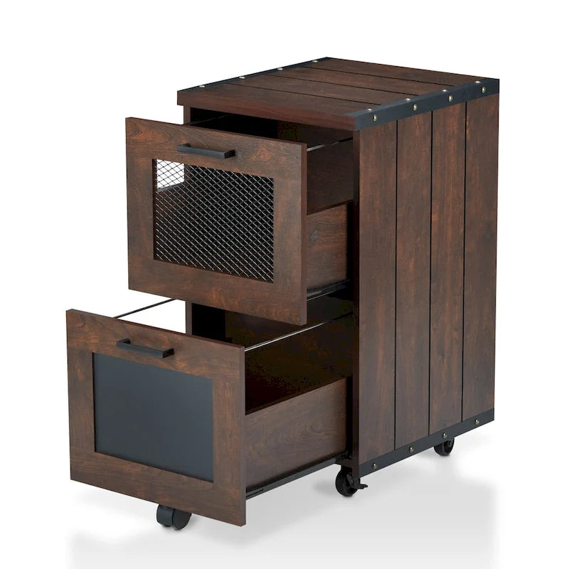 Rustic Walnut Two-Drawer Rolling File Cabinet with Mesh and Chalkboard