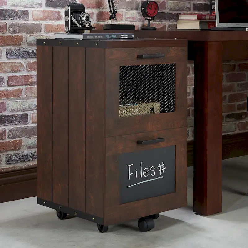 Rustic Walnut Two-Drawer Rolling File Cabinet with Mesh and Chalkboard