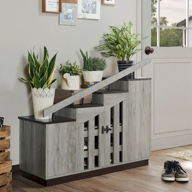 Rustic Wood Look Staircase Shoe Cabinet with Nine Adjustable Shelves