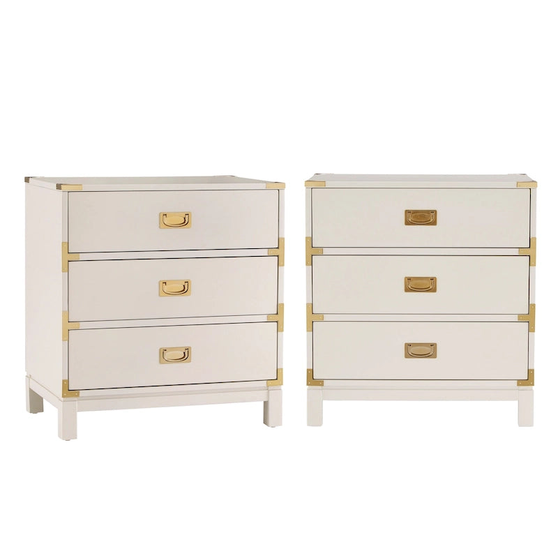 Classic Three Drawer Wooden Nightstand with Gold Metal Corner Accents