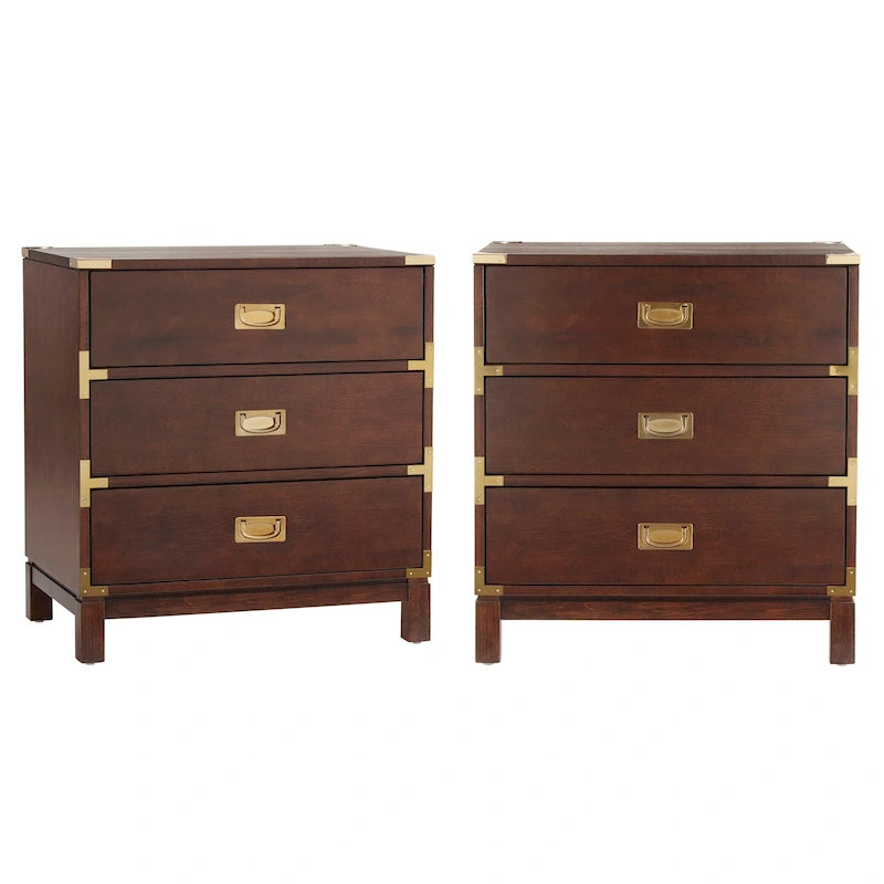 Classic Three Drawer Wooden Nightstand with Gold Metal Corner Accents