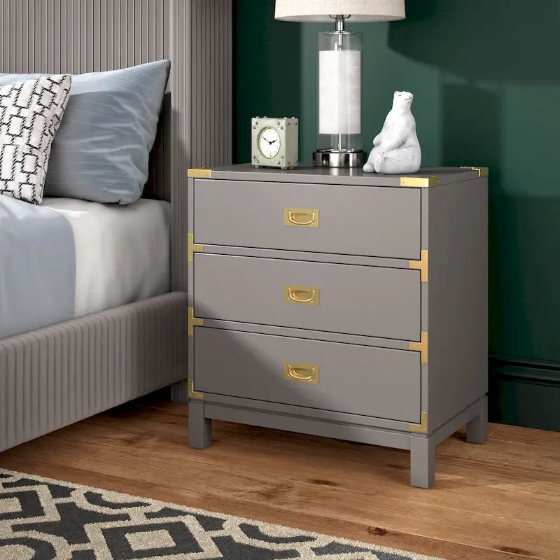 Classic Three Drawer Wooden Nightstand with Gold Metal Corner Accents