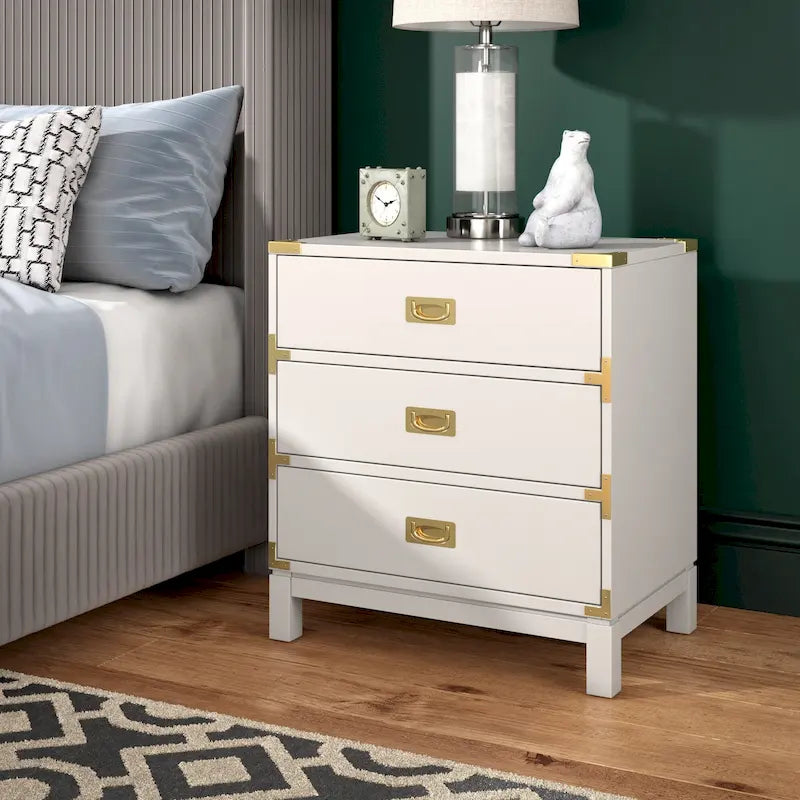 Classic Three Drawer Wooden Nightstand with Gold Metal Corner Accents