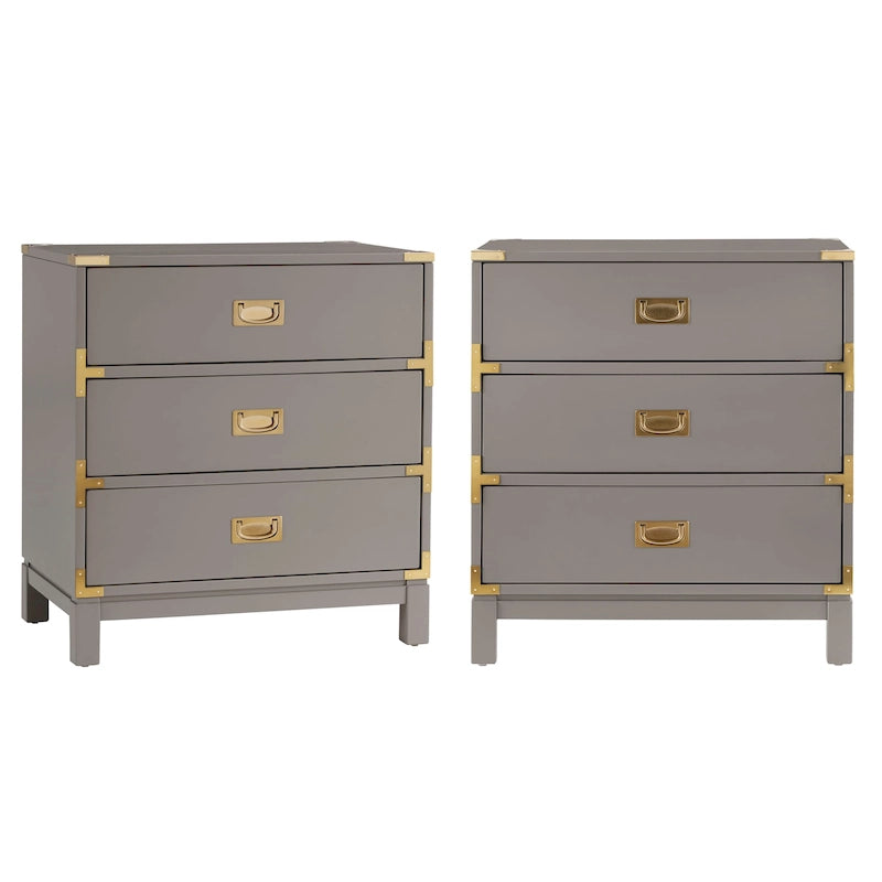 Classic Three Drawer Wooden Nightstand with Gold Metal Corner Accents