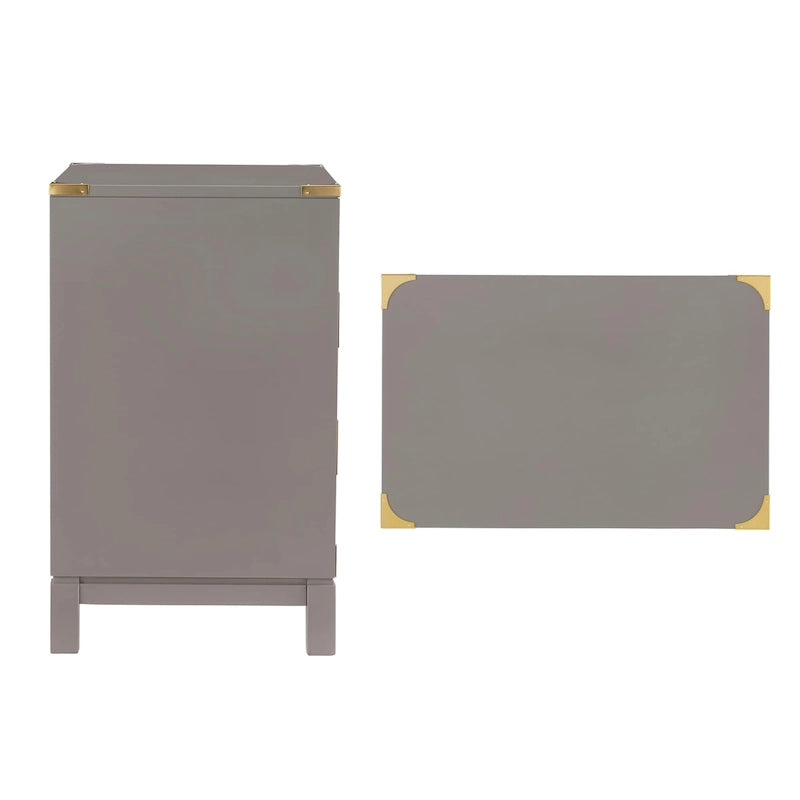 Classic Three Drawer Wooden Nightstand with Gold Metal Corner Accents
