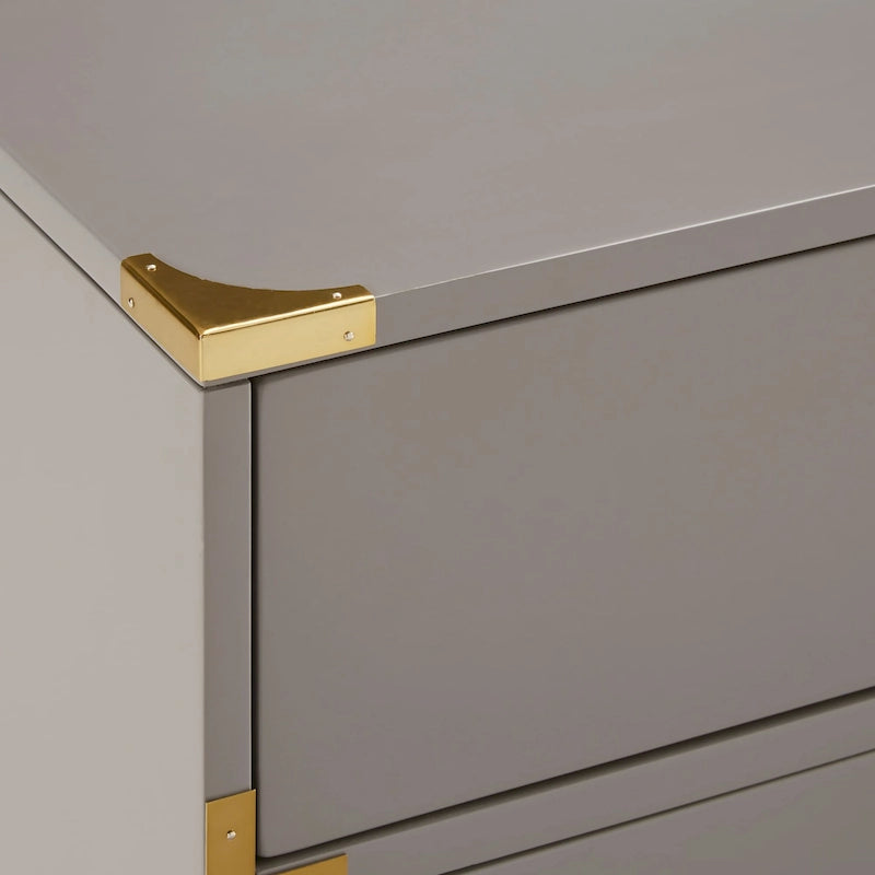 Classic Three Drawer Wooden Nightstand with Gold Metal Corner Accents