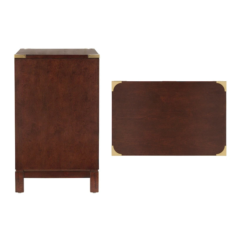 Classic Three Drawer Wooden Nightstand with Gold Metal Corner Accents