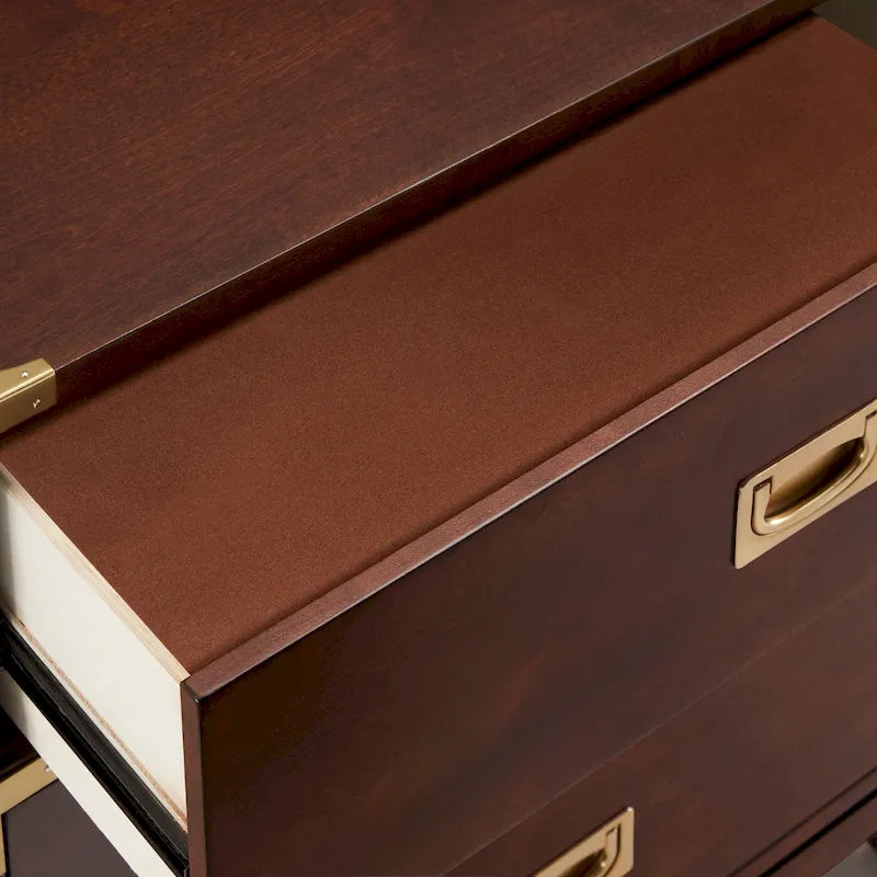 Classic Three Drawer Wooden Nightstand with Gold Metal Corner Accents