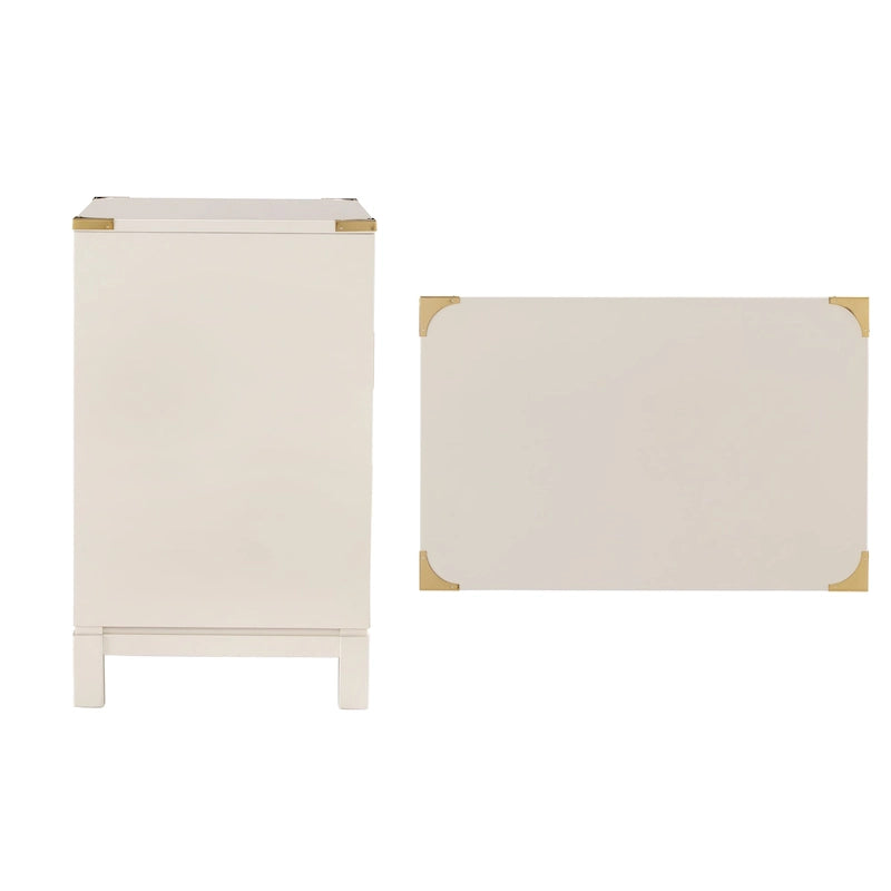 Classic Three Drawer Wooden Nightstand with Gold Metal Corner Accents