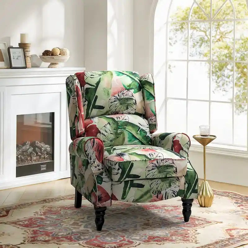 Classic Upholstered Manual Wingback Recliner Chair with Black Wooden Legs