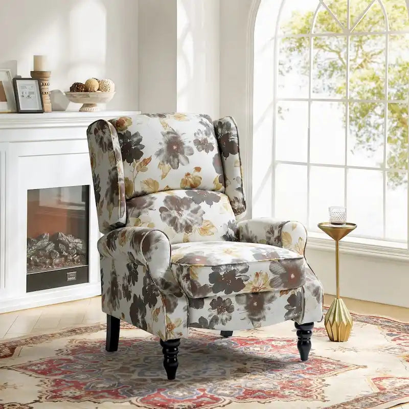 Classic Upholstered Manual Wingback Recliner Chair with Black Wooden Legs