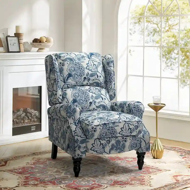 Classic Upholstered Manual Wingback Recliner Chair with Black Wooden Legs