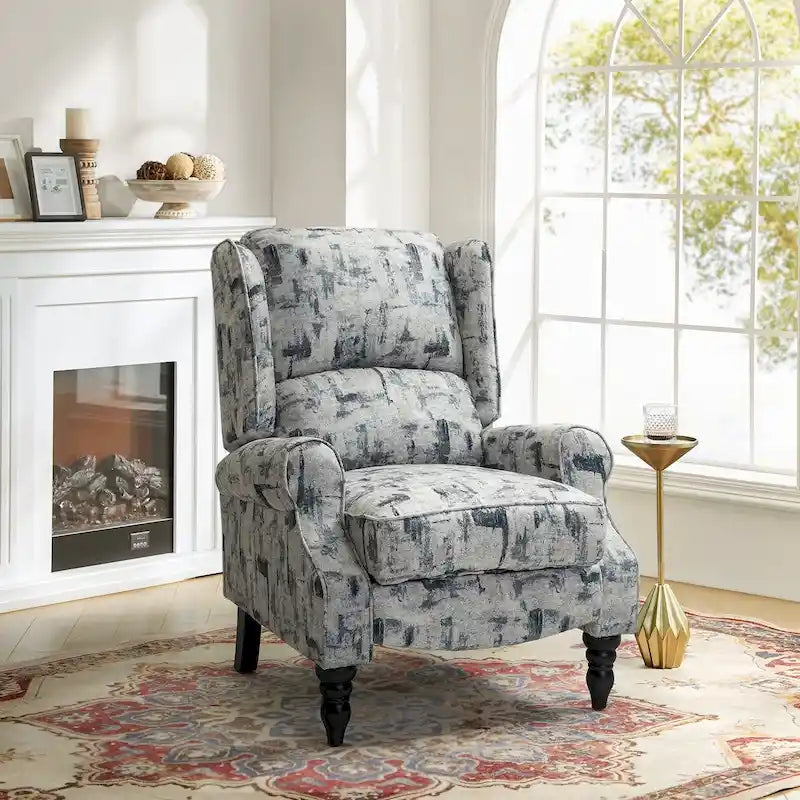Classic Upholstered Manual Wingback Recliner Chair with Black Wooden Legs