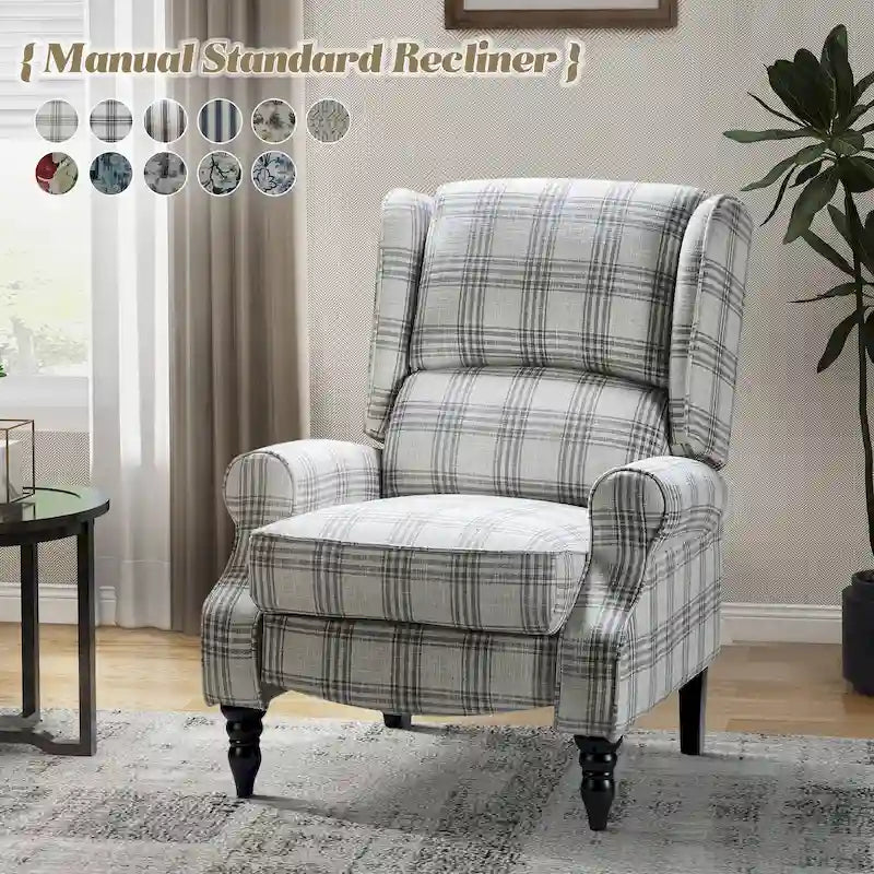 Classic Upholstered Manual Wingback Recliner Chair with Black Wooden Legs