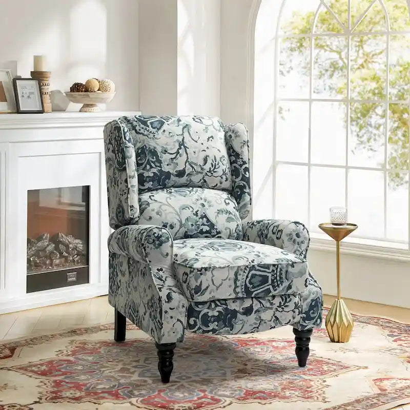 Classic Upholstered Manual Wingback Recliner Chair with Black Wooden Legs