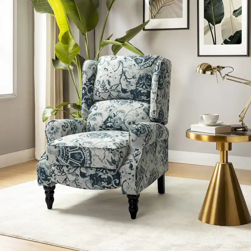 Classic Upholstered Manual Wingback Recliner Chair with Black Wooden Legs