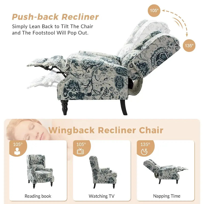 Classic Upholstered Manual Wingback Recliner Chair with Black Wooden Legs