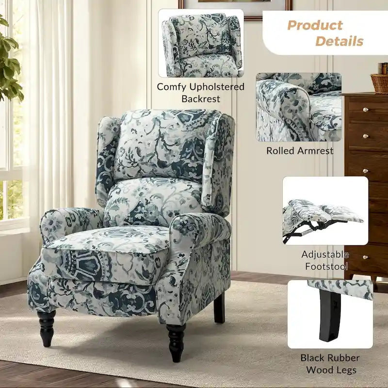 Classic Upholstered Manual Wingback Recliner Chair with Black Wooden Legs