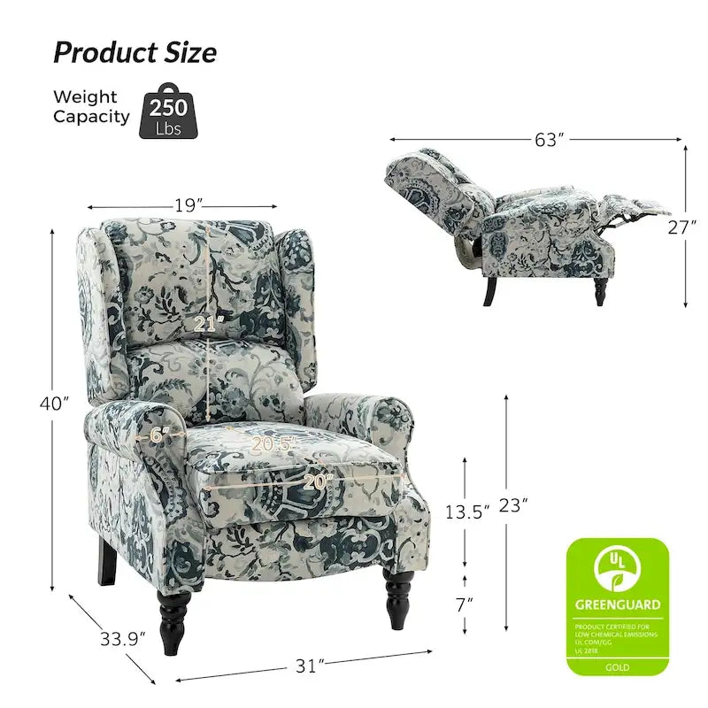 Classic Upholstered Manual Wingback Recliner Chair with Black Wooden Legs