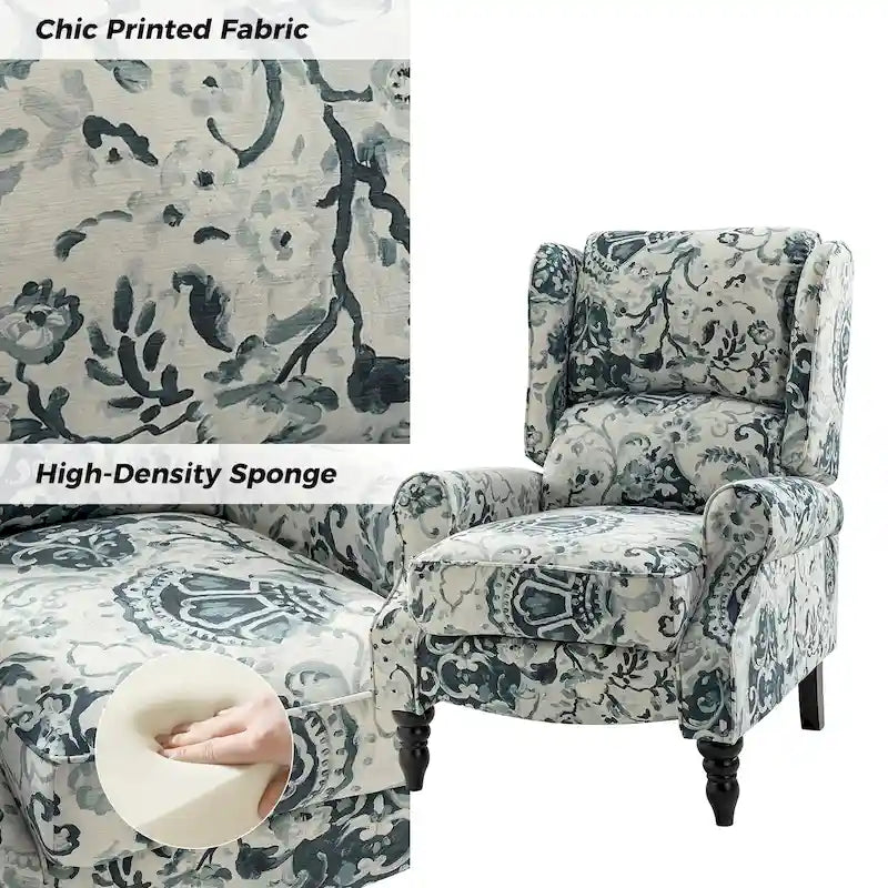 Classic Upholstered Manual Wingback Recliner Chair with Black Wooden Legs