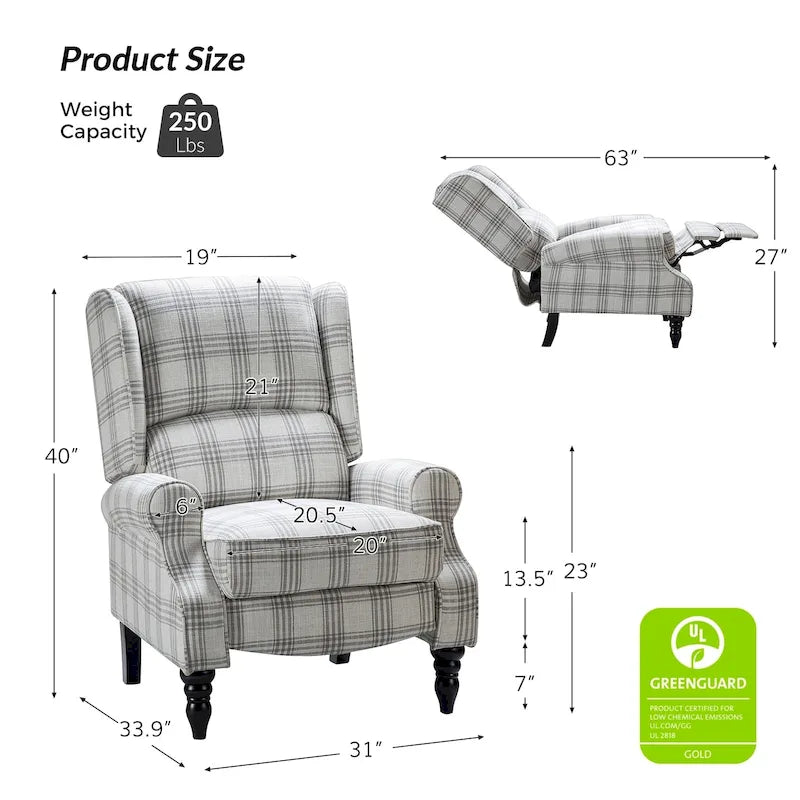 Classic Upholstered Manual Wingback Recliner Chair with Black Wooden Legs