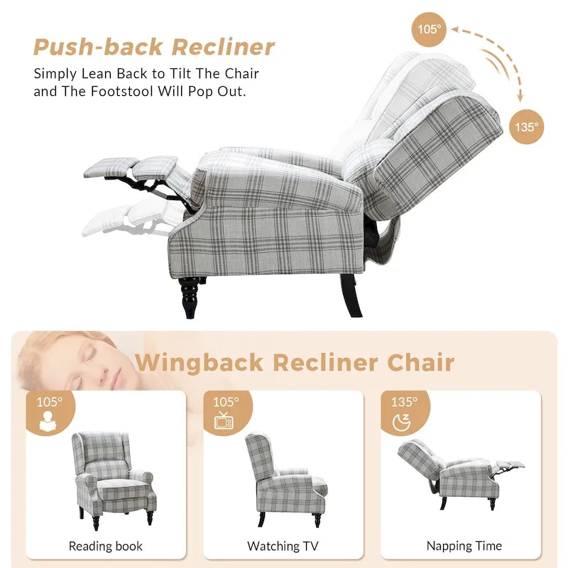 Classic Upholstered Manual Wingback Recliner Chair with Black Wooden Legs