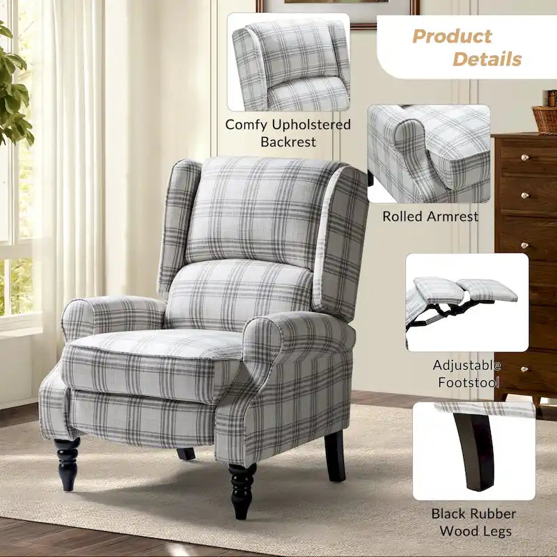 Classic Upholstered Manual Wingback Recliner Chair with Black Wooden Legs