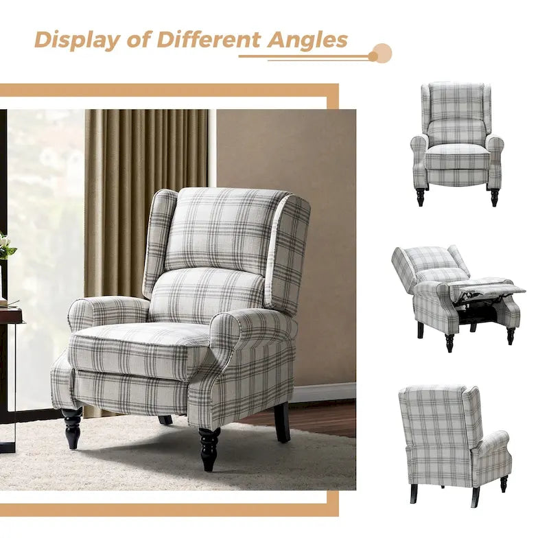 Classic Upholstered Manual Wingback Recliner Chair with Black Wooden Legs