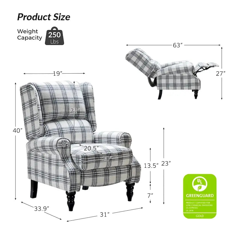 Classic Upholstered Manual Wingback Recliner Chair with Black Wooden Legs