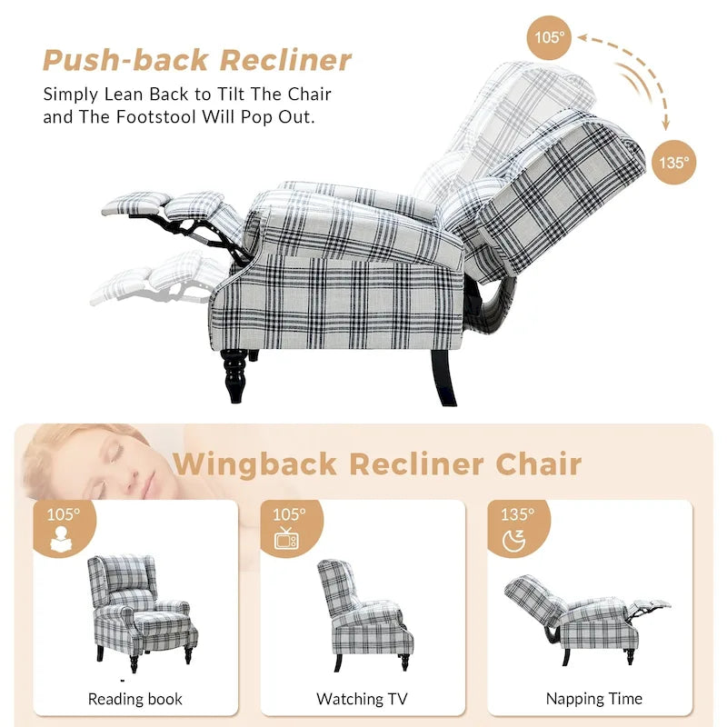 Classic Upholstered Manual Wingback Recliner Chair with Black Wooden Legs