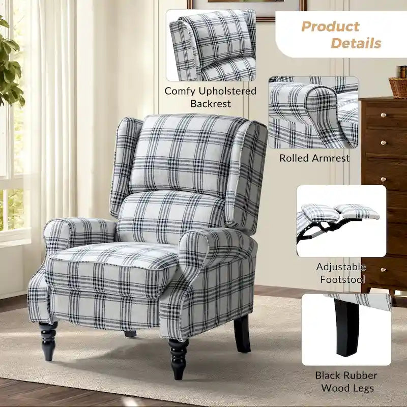Classic Upholstered Manual Wingback Recliner Chair with Black Wooden Legs