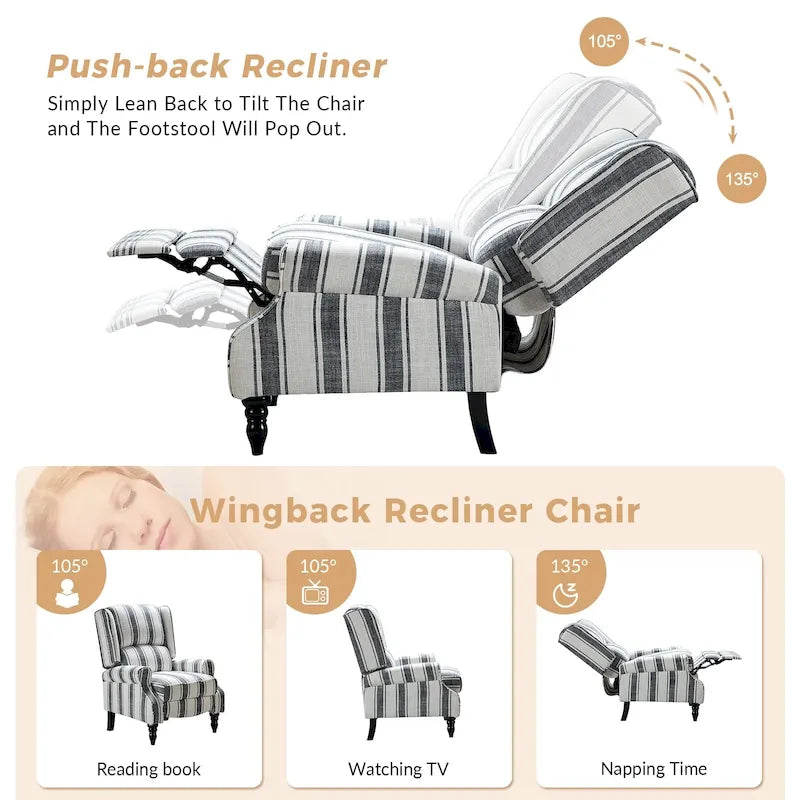 Classic Upholstered Manual Wingback Recliner Chair with Black Wooden Legs