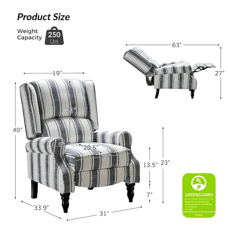 Classic Upholstered Manual Wingback Recliner Chair with Black Wooden Legs