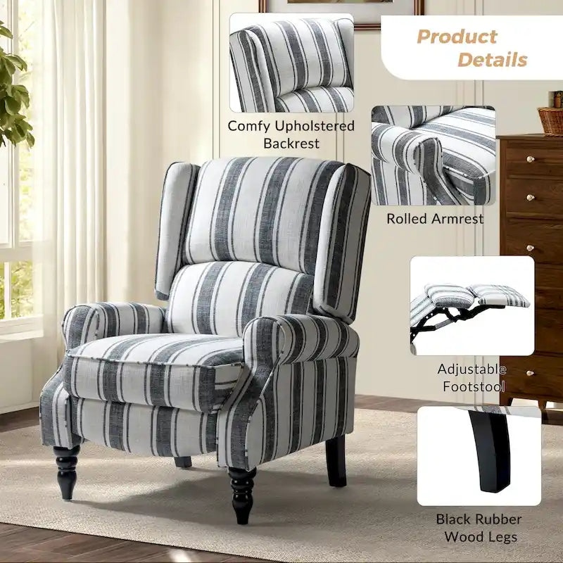Classic Upholstered Manual Wingback Recliner Chair with Black Wooden Legs