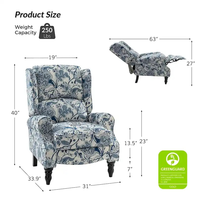 Classic Upholstered Manual Wingback Recliner Chair with Black Wooden Legs