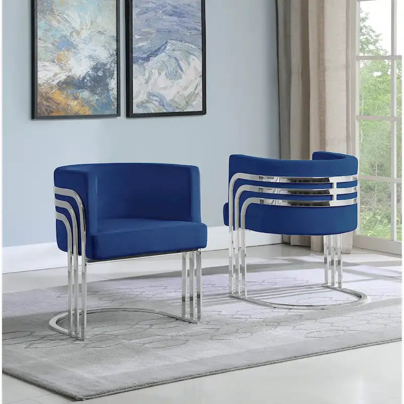 Contemporary Velvet Barrel Accent Chair with Polished Chrome Frame Base